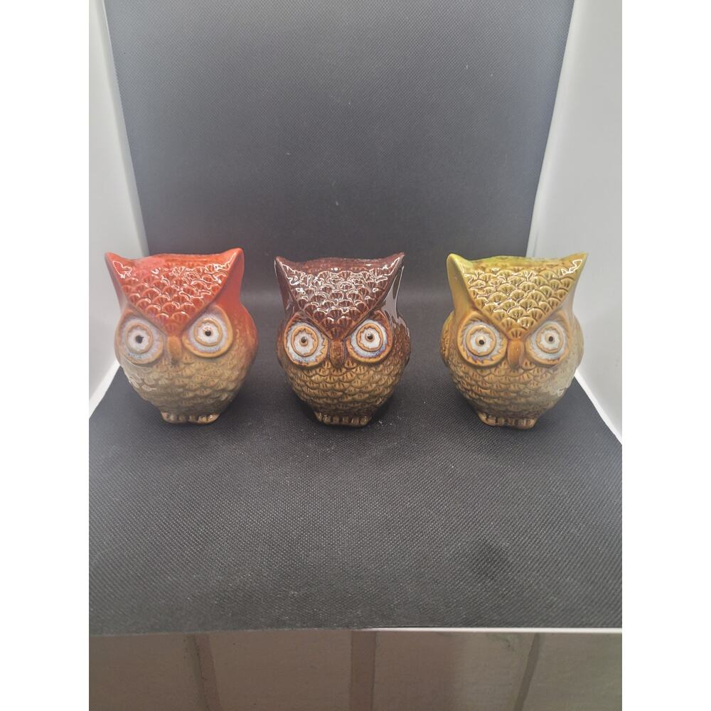 Set of 3 Ceramic Owl Figurines Fall Colors Orange Brown Green Decor Vintage